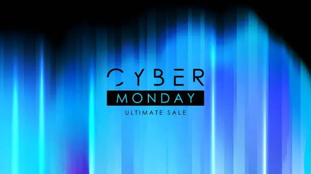 Vector illustration of Cyber Monday Banner. Commercial background for Cyber Monday online discount shopping promotion and advertising. Blurred background with vertical dynamic lines and lights.