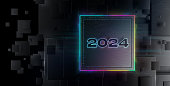 Year 2024 futuristic 3D render on stainless steel background. Modern neon colours. Christmas background