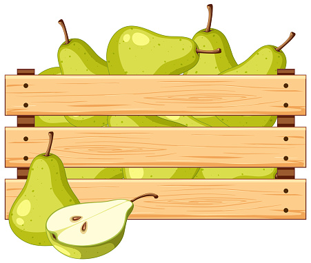 A vector cartoon illustration of a wooden crate filled with pears, isolated