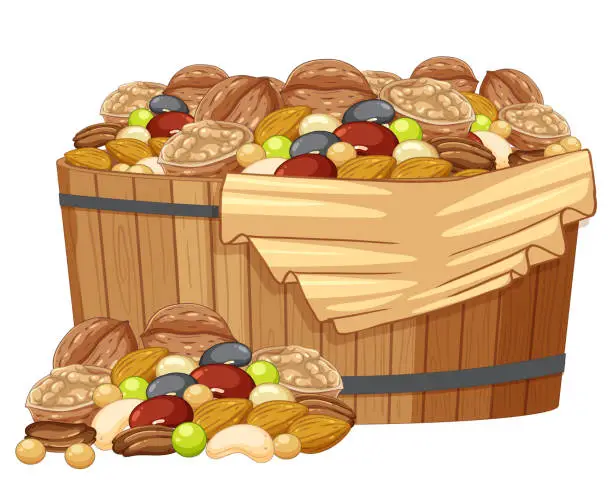 Vector illustration of Isolated Organic Produce: Peas and Nuts in a Barrel