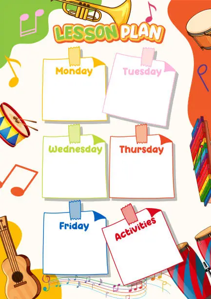 Vector illustration of Printable Weekly Lesson Plan with Music Instruments Theme