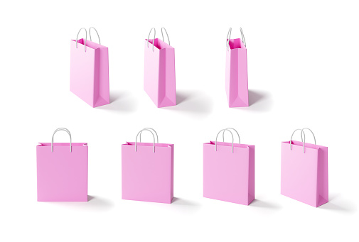 Set of pink shopping bags from different sides. 3d render.