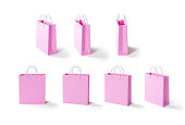 Set of pink shopping bags from different sides. 3d render