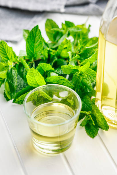 istock Sweet mint syrup and mint leaves on white table. 1744229655