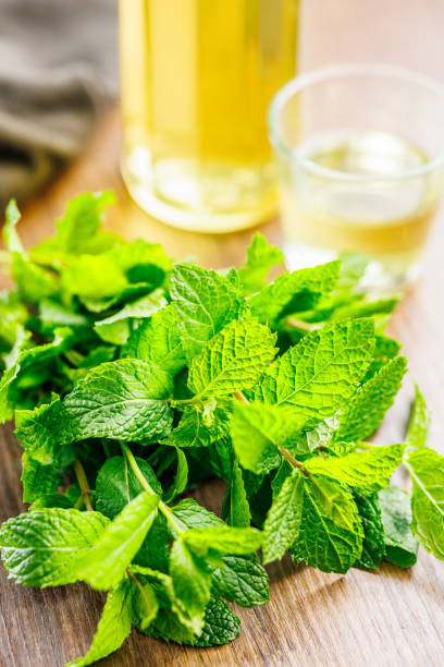 istock Green mint leaves on wooden table. 1744230571