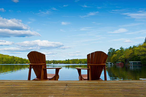 istock Muskoka chairs sitting on dock facing calm lake 174423080