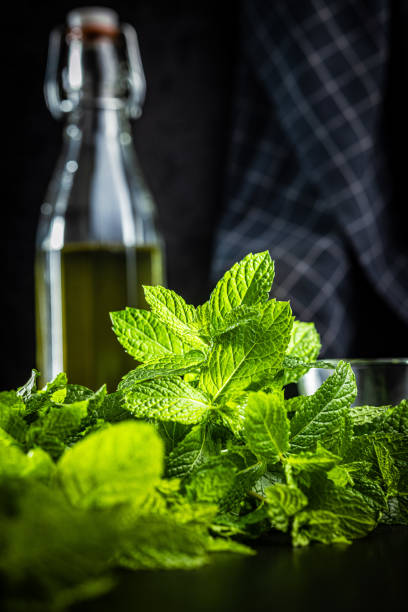istock Green mint leaves on black background. 1744231963