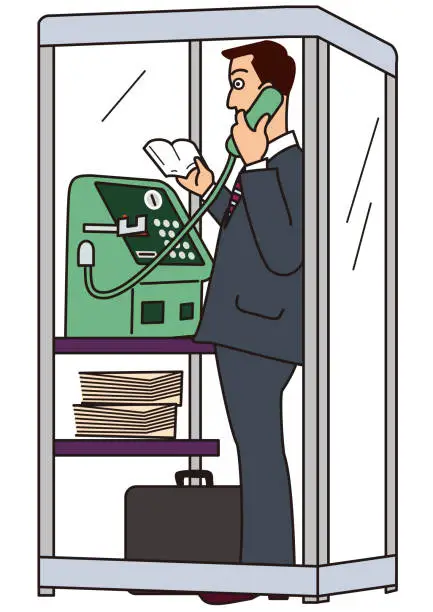 Vector illustration of Businessman calling at a public phone booth while looking at a memo