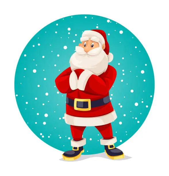 Vector illustration of Smiling Santa Claus in red suit standing alone. Vector.