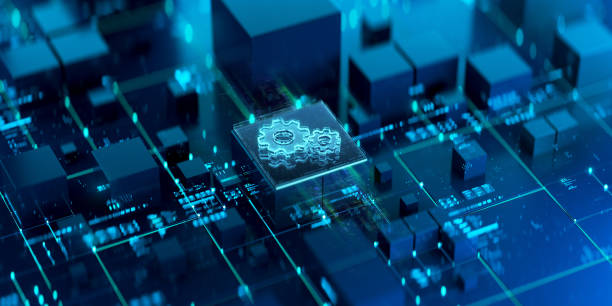 istock Digital gears icon hologram on future tech background. Productivity evolution. Futuristic gears icon in world of technological progress and innovation. CGI 3D render 1744237084
