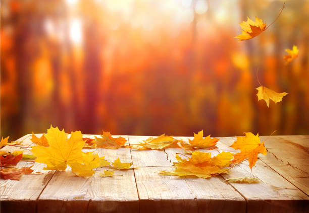 istock Autumn maple leaves on wooden  table.Falling leaves natural background. 1744238168