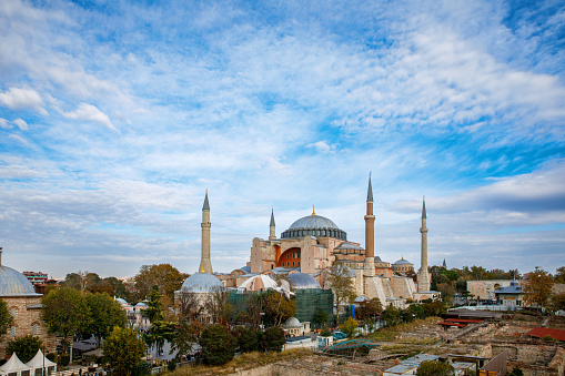 Ayasofya Museum, Hagia Sophia in Sultan Ahmet park in Istanbul, Turkey in a beautiful autumn day. Byzantine architecture, city landmark and architectural world wonder.