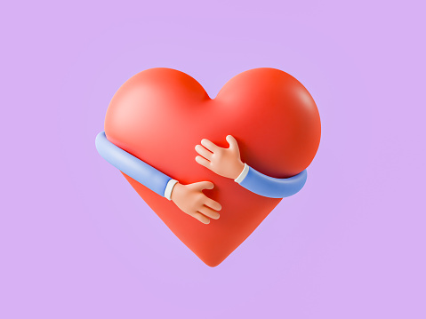 Arms of a 3D cartoon character hugging a red heart on an isolated purple background. 3d rendering