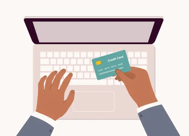 Vector illustration of Black Male’s Hand Holding A Credit Card With Laptop.