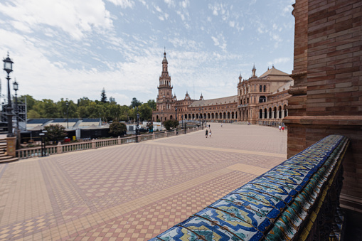 Plaza de Espana in sunny day, Sevilla, Andalusia, Spain. Mosaic on the wall.