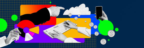 Company development. Employees working, chatting, controlling projects. Contemporary art collage.