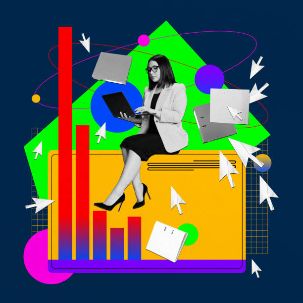 istock Businesswoman sitting on table, working on laptop, creating and checking financial analytics. Contemporary art collage. 1744264218