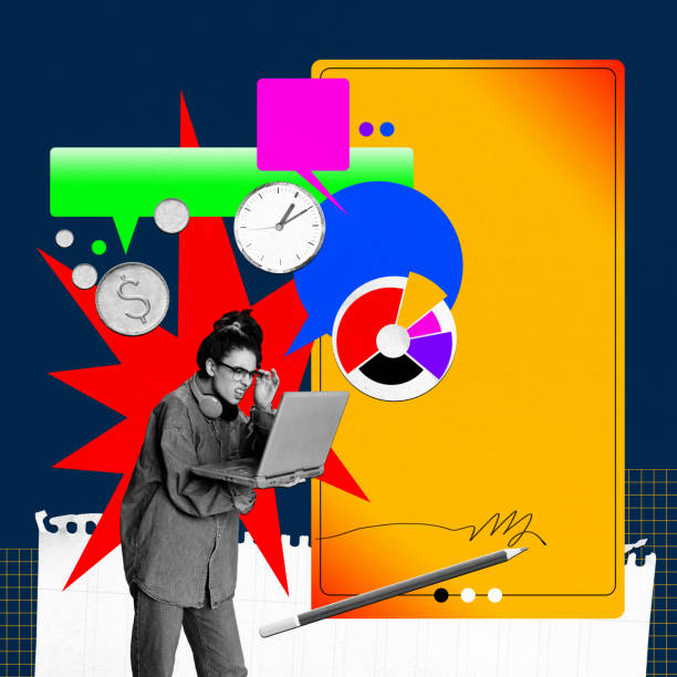 istock Deadlines. too many tasks to finish. Young girl, trainee working on projects, looking on laptop. Contemporary art collage. 1744264610