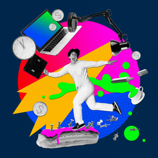 istock Emotionally young man, employee running with briefcase. Deadlines, working routine. Contemporary art collage. 1744264616