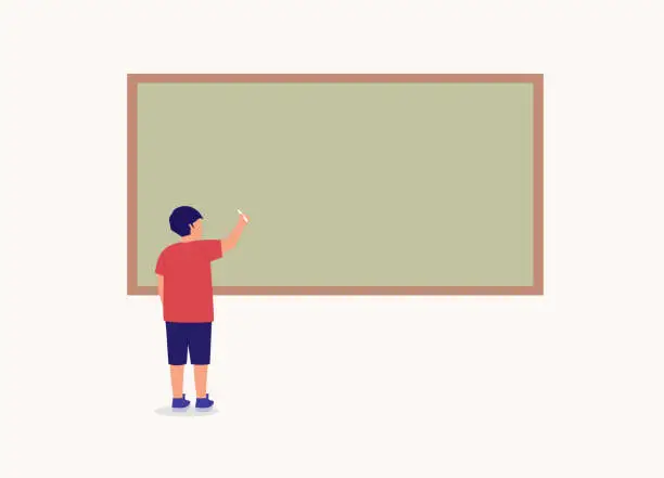 Vector illustration of Little Schoolboy Writing On An Empty Chalkboard With White Color Chalk.
