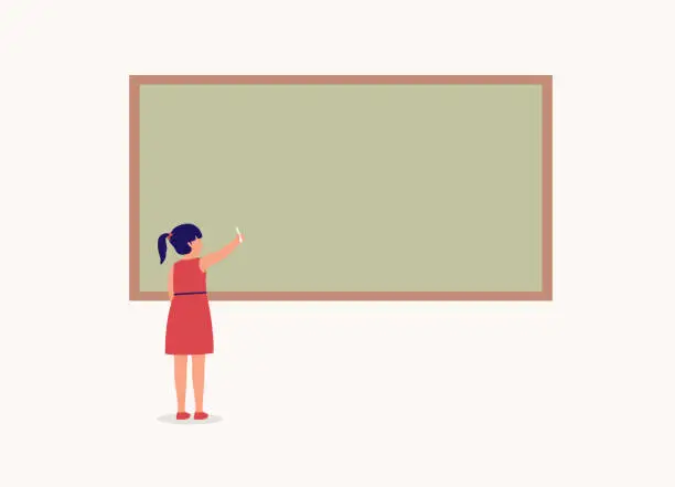 Vector illustration of Little Schoolgirl Writing On An Empty Chalkboard With White Color Chalk.