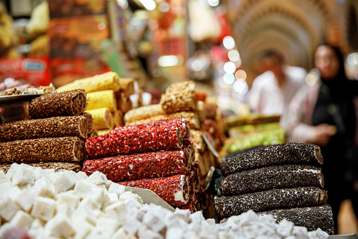Wide range of sweets at the Grand Bazaar in Istanbul, Turkey. The historical market is a popular tourist destination and one of oldest markets in the world