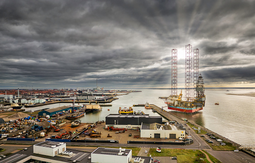 Oil rigs in Esbjerg harbor at the North Sea, Denmark