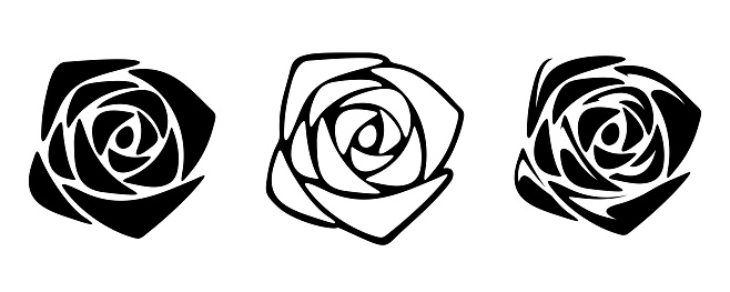 Rose flowers. Black silhouettes of roses isolated on a white background. Set of vector black and white illustrations