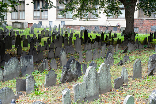 Gravestones in Granary Burying Ground in Boston. The resting place of Paul Revere, John Hancock and Benjamin Franklin's parents.