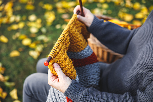 Woman sitting on bench in autumn park and knitting woolen warm clothing. Relax and hobby