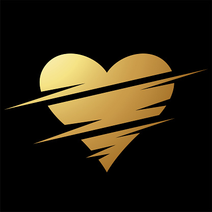 Gold Abstract Split Shaped Slashed Heart Icon on a Black Background