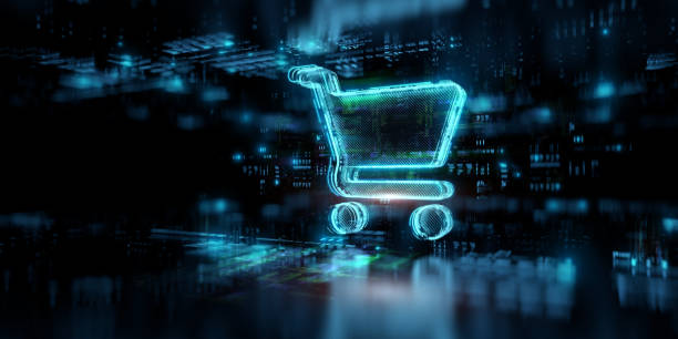 istock Digital cart icon hologram on future tech background. Online shopping evolution. Futuristic shopping cart icon in world of technological progress and innovation. CGI 3D render 1744284905
