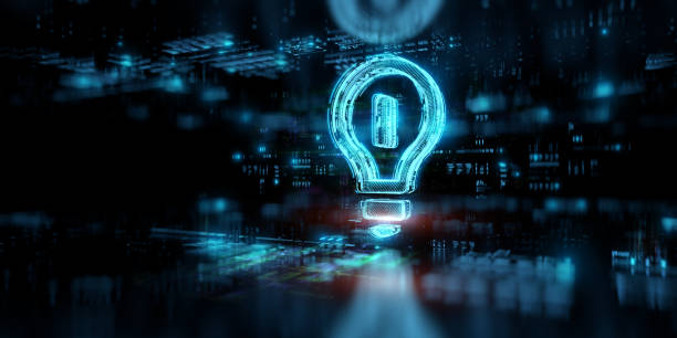 istock Digital light bulb icon hologram on future tech background. New ideas evolution. Futuristic light icon in world of technological progress and innovation. CGI 3D render 1744285516