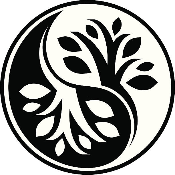 bw зеркало дерево - yin yang symbol taoism herbal medicine symbol stock illustrations