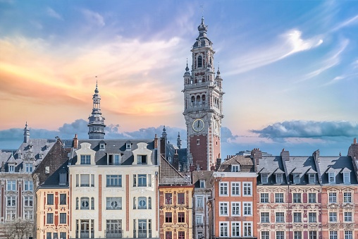 Lille, ancient houses in the center, and the belfry of the Chambre de Commerce