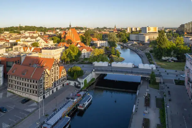 Aerial view along Brda river in the Bydgoszcz old town.