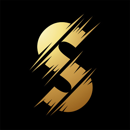 Gold Abstract Slashed Split Shaped Letter S Icon on a Black Background