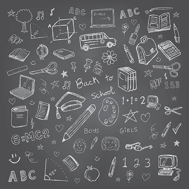 illustrazioni stock, clip art, cartoni animati e icone di tendenza di torna a scuola disegni e schizzi in sfondo chalkboard - drawing symbol chalk blackboard