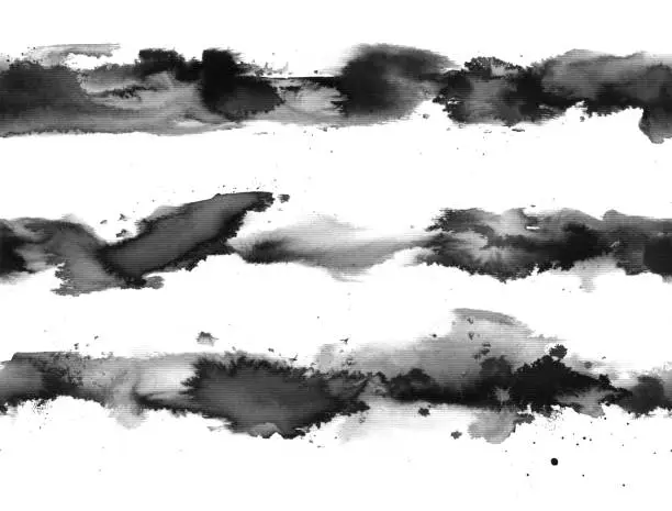 Vector illustration of Set of three hand painted watercolor horizontal lines in shades of black - abstract ink shapes - smoke effect illustration in vector with visible uneven rough and multilayered traces of diluted paint isolated on white paper backgorund