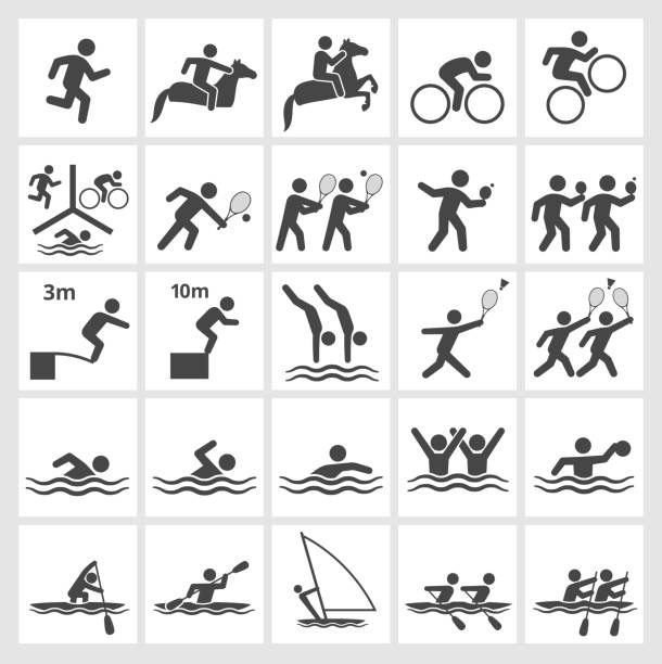 ilustraciones, imágenes clip art, dibujos animados e iconos de stock de summer sports negro & blanco conjunto de iconos vectoriales sin royalties - amateur tennis