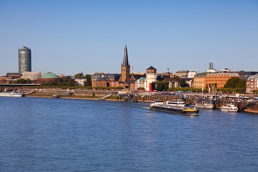 Dusseldorf city skyline, Germany. City seen from River Rhine.