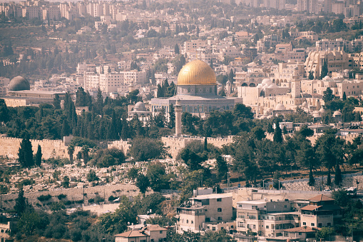 Jerusalem, Israel - June 14, 2018: Exterior view of the Dome of the Rock (Al Qubbat As-Sakhrah in Arabic) in the holy site of the Old City in Jerusalem, Israel.