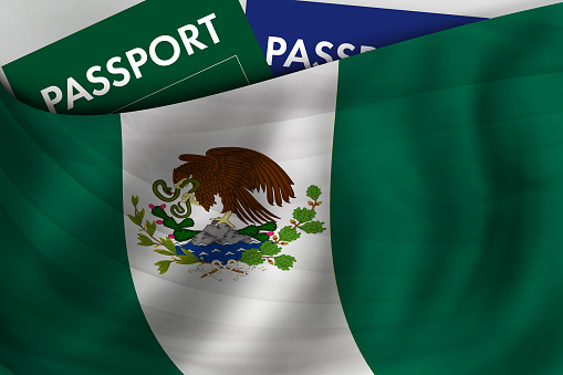 Mexican flag background and passport of Mexico. Citizenship, official legal immigration, visa, business and travel concept.