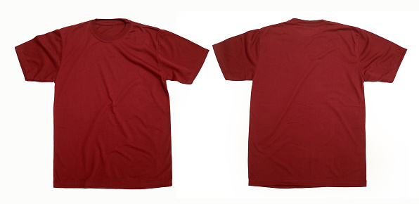 Red T-shirt mock up, front and back view. Male model wearing plain white t-shirt mockup. T-shirt design template. Blank t-shirt for printing.