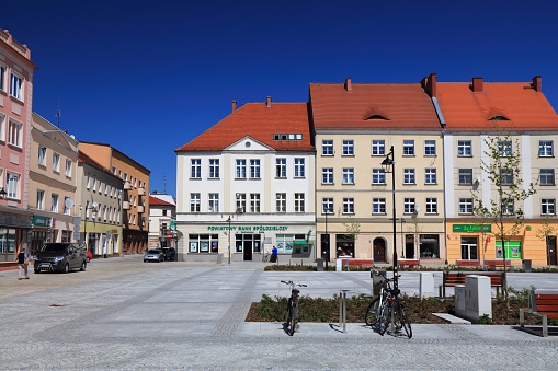 People visit main town square Rynek in Kedzierzyn-Kozle, Poland. Kedzierzyn-Kozle is the 2nd biggest city of Opole Province.