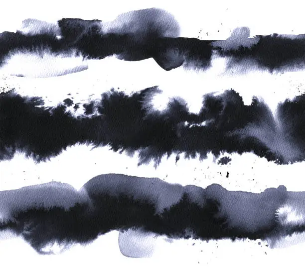 Vector illustration of Horizontal spots in the form of seamless horizontal lines, hand-painted with black stamp ink, brush and a lot of water on white watercolor paper - abstract messy uneven irregular illustration in vector saturated with energy - high quality design