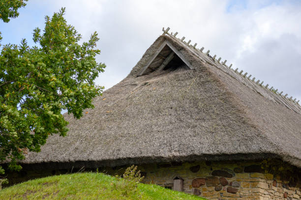 istock Reed roof on blue sky and tree background 1744329695