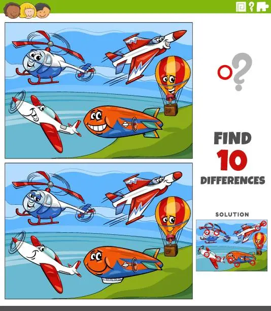 Vector illustration of differences activity with cartoon flying vehicles characters