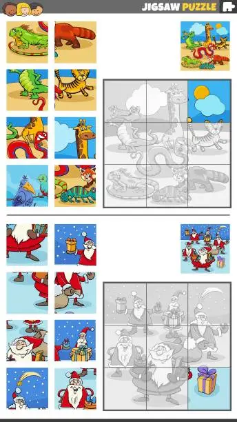 Vector illustration of jigsaw puzzle games set with Christmas characters and animals