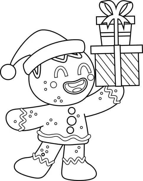 Vector illustration of Outlined Cute Christmas Gingerbread Man Cartoon Character Holding Up A Gift Boxes